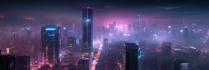 Poster - A captivating aerial view of a futuristic cityscape, showcasing towering skyscrapers bathed in vibrant neon lights. The city is shrouded in a soft, ethereal fog, adding a sense of mystery and wonder. 