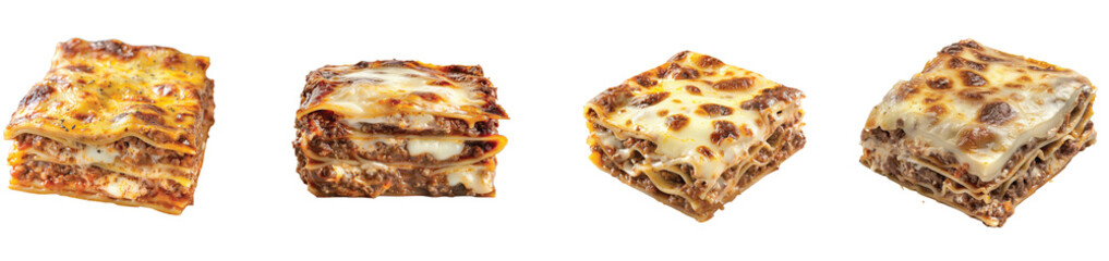 Delicious layers of homemade lasagna captured on a table on Transparent Background.