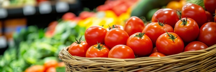 Canvas Print - A close-up image of a basket overflowing with fresh, ripe red tomatoes. The tomatoes are arranged in a visually appealing way, highlighting their vibrant color and plumpness. They are ready for sale a