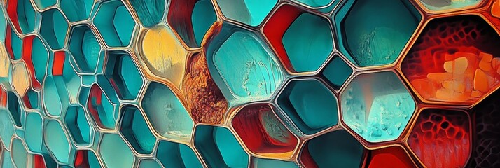 Sticker - A close-up abstract image showcasing a honeycomb structure with a mix of turquoise, red, and orange hues. This pattern symbolizes structure, unity, order, and a sense of connection.