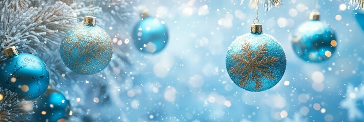 Poster - A close-up of a blue Christmas ornament with a snowflake design hanging from a snowy branch. The ornament is surrounded by other Christmas ornaments and bokeh lights.