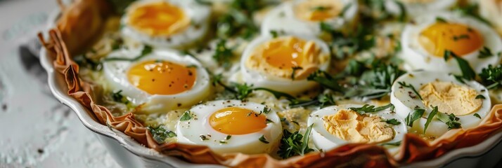 Wall Mural - Close-Up of Egg Quiche Made with Phyllo Dough, Hard Boiled Quail Eggs, and Herbs in a Baking Dish, Ideal for Celebrations