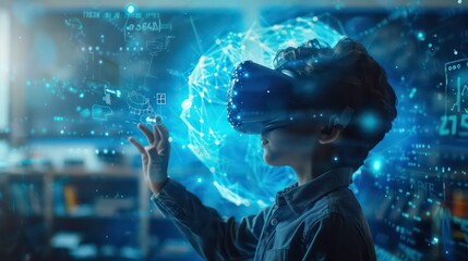 Poster - young man wearing virtual reality headset interacts with digital interface.