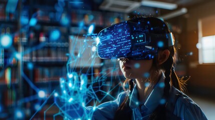Poster - Young woman wearing VR headset and experiencing a futuristic world with digital connections.