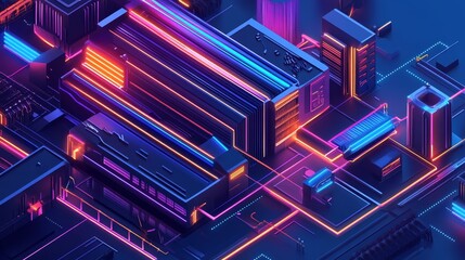 Wall Mural - A digital artwork depicting a futuristic technological landscape with neon lights and abstract geometric shapes. It symbolizes innovation, progress, connectivity, and the boundless possibilities of th