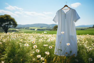 Poster - A hospital gown hanging in a peaceful meadow. Concept of patient comfort in healthcare settings. Generative Ai.