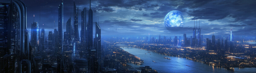 Canvas Print - A futuristic cityscape bathed in the ethereal glow of a giant blue moon. The city is a sprawling metropolis with towering skyscrapers and a winding river that flows through its center. The moon is a s