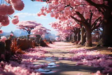 Wall Mural - A tranquil garden filled with blooming cherry blossoms. Concept of floral haven. Generative Ai.