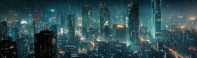 Wall Mural - A futuristic cityscape at night, with towering skyscrapers illuminated by neon lights. The city is bathed in a soft green glow, creating an ethereal and dreamlike atmosphere. The rain adds a sense of 