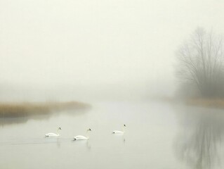 Wall Mural - Swans move gracefully over a serene, mist-covered pond, capturing the essence of calmness and elegance in their tranquil journey.