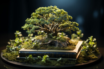 Poster - a tree growing from a book. concept of knowledge and growth. generative ai.