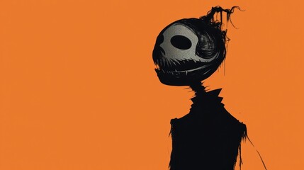 Wall Mural - A minimalist illustration featuring a black and white silhouette of a skeletal figure with a mischievous grin, set against a vibrant orange backdrop. The image evokes themes of Halloween, mystery, and