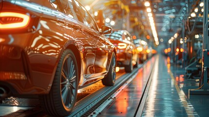 Wall Mural - Red cars are lined up in a modern factory's production line, showcasing the efficiency and advanced technology in car manufacturing under bright industrial lighting conditions.