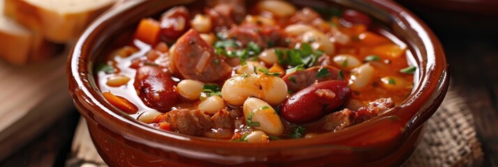 Canvas Print - Fabada soup, a renowned dish featuring white beans, smoked pork knuckle, chorizo, and morcilla sausage.