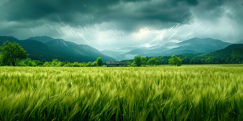 Poster - A green field on a mountain landscape