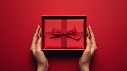 Sticker - A pair of hands gently holding a red gift box with a satin ribbon bow on top, set against a vibrant red backdrop. The image symbolizes generosity, celebration, love, and giving.