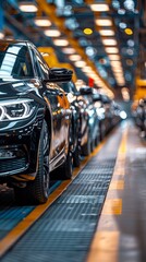 Wall Mural - A contemporary automotive factory assembly line is depicted with new cars lined up, reflecting the ongoing process and technological advancements in the car production industry.