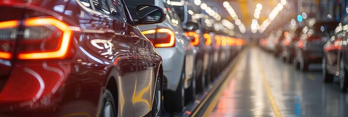 Wall Mural - A row of modern cars is shown lined up in a well-lit factory assembly line. The image captures the precision and consistency of the automotive manufacturing process.