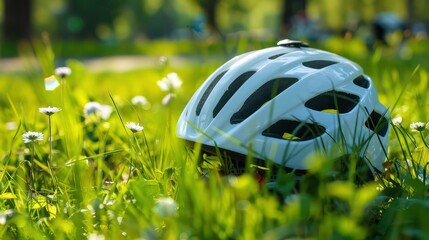 White bicycle helmet resting in green grass and wildflowers.