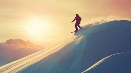 Sticker - A silhouette of a snowboarder carving down a snowy mountain slope against a vibrant sunset. The image evokes a sense of freedom, adventure, and the thrill of winter sports.