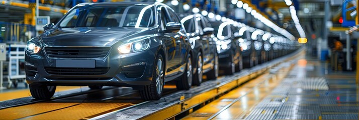 Wall Mural - The image depicts an automobile production line showcasing the process of assembling vehicles. Multiple cars can be seen in various stages of production, highlighting efficiency.