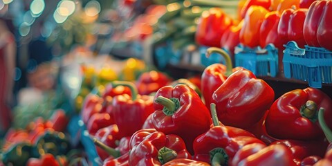 Poster - Vibrant Red Bell Peppers Showcased at a Marketplace