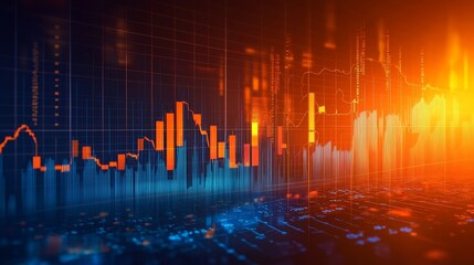 Canvas Print - A stylized stock market chart with orange and blue bars representing market fluctuations.  The chart is set against a dark background and shows a mix of rising and falling prices.  The colors and abst