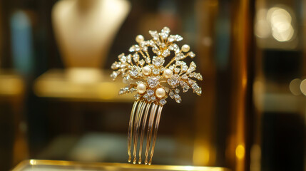 A close-up image of a bridal hair pin displayed in a jewelry showcase. The hair pin, elegantly designed, features intricate details such as sparkling gemstones or delicate metalwork, 