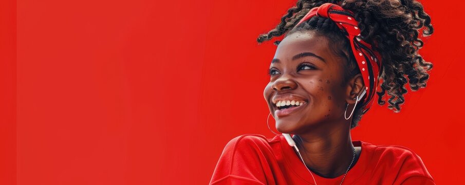 Young woman joyfully texting on phone with red background.