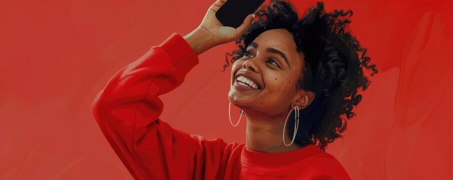 Young woman joyfully texting on phone with red background.