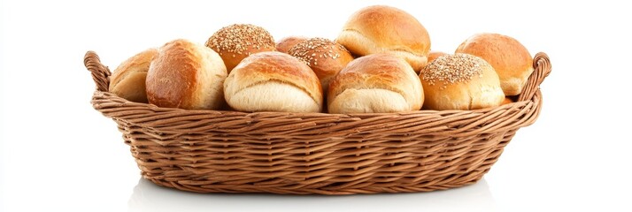 Wall Mural - A wicker basket filled with freshly baked bread rolls, symbolizing warmth, nourishment, and the joy of sharing a simple meal. The golden-brown rolls suggest a homemade touch and a comforting aroma.