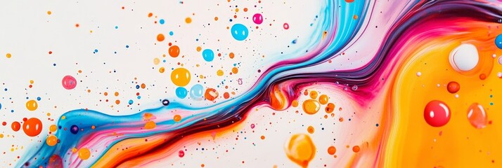 Poster - An abstract painting featuring flowing, swirling liquid with vibrant colors in shades of blue, orange, pink and white. The paint appears to be dancing and moving, creating a sense of energy and moveme