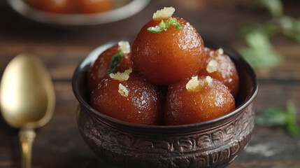 traditional indian gulab jamun dessert in ornate bowl on wooden background