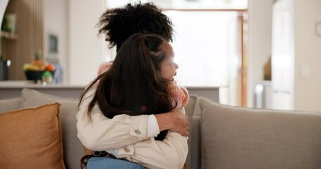 Poster - Love, mother and daughter with hug, happiness and bonding for care and relationship on sofa of living room. Family, woman and girl child with embrace, smile and relax on couch of lounge in apartment