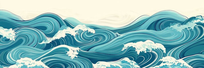 Sticker - This illustration depicts a repeating pattern of stylized ocean waves in blue hues against a cream background. It symbolizes the power and beauty of nature, the cyclical nature of life, and the calmin