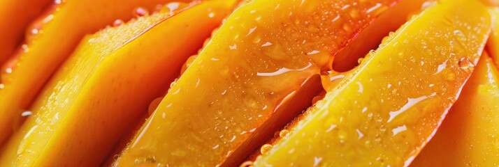 Sticker - Close-up of ripe mango slices with yellow flesh affected by fruit flies.