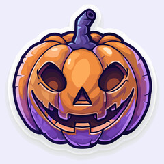 Halloween pumpkin sticker. Vector illustration in cartoon style on purple background.