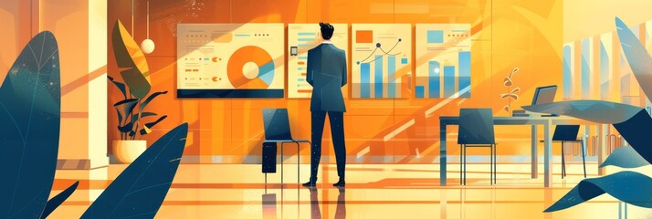 Poster - A businessman stands in a modern office, reviewing data charts and graphs displayed on a wall. He is contemplating strategies and solutions, symbolizing data analysis, strategic planning, and business