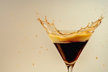 A splash of liquid in a martini glass on a beige background.