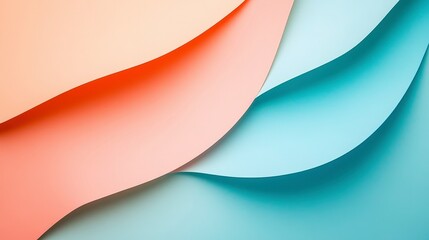 Wall Mural - Abstract background with three curved sheets of paper in shades of blue and peach.