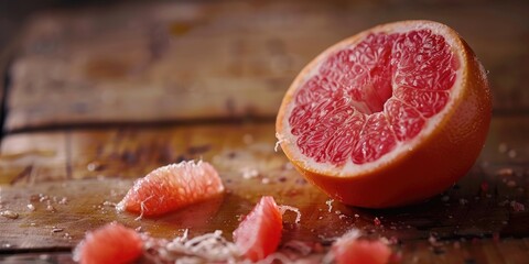 Canvas Print - Close-up of vibrant red grapefruit pulp on a wooden surface