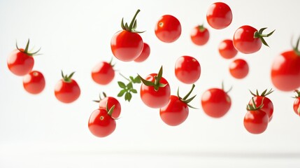 Wall Mural - Fresh red cherry tomatoes falling on a white background.