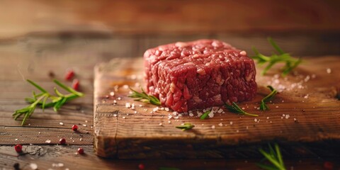 Sticker - Freshly prepared ground beef burger on a rustic surface