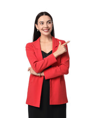 Poster - Beautiful woman in red jacket and black dress pointing at something on white background