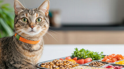 A curious cat gazes at a colorful plate of healthy food on a bright kitchen table, emphasizing the bond between pets and nutrition.