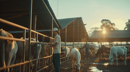 Farmer Tending to Cattle in a Rural Farm Setting