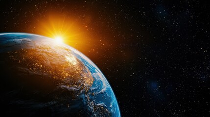 Wall Mural - Realistic cosmic image of Earth rotating in space, with one half illuminated by the rising sun and the other half in darkness.