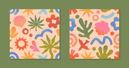 Wall Mural - vector summer nature artistic seamless patterns with hand drawn palm,sun,coral,seashell,wave.trendy 