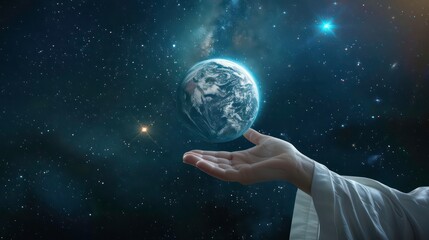Wall Mural - a hand cradles earth in the vastness of space, stars twinkle around the globe.