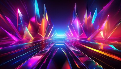 Wall Mural - Futuristic, abstract design with geometric patterns illuminated by multicolored neon lights, dynamic, vibrant and space background.